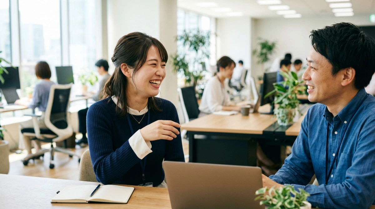 企業型確定拠出年金などの福利厚生が充実したオフィスで、安心してにこやかに働く男女の従業員